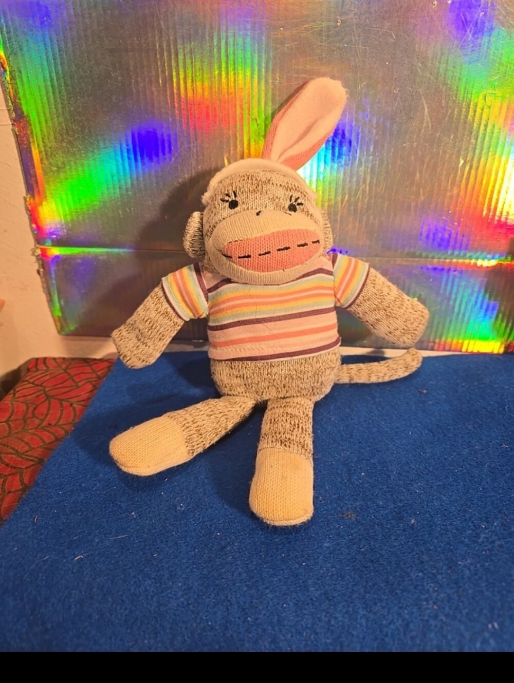 071626 Sock Monkey Classic 6"  Pink Bunny Ears Plush Striped Sweater Monkey Arou